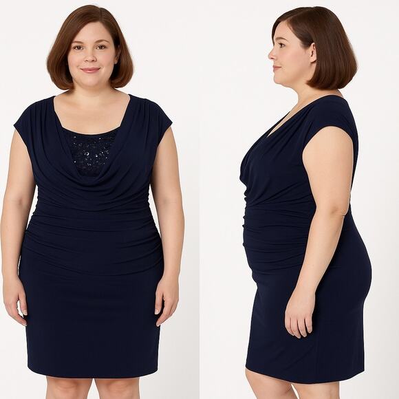 Jones New York Navy Draped Sequin Sheath Dress | Women’s 14 Misses - Picture 7 of 7